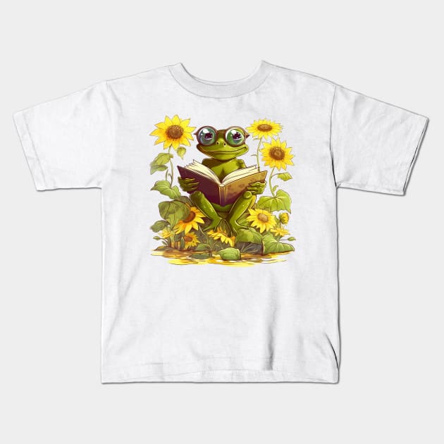 Frog reading surrounded by sunflowers Kids T-Shirt by IncpetionWear